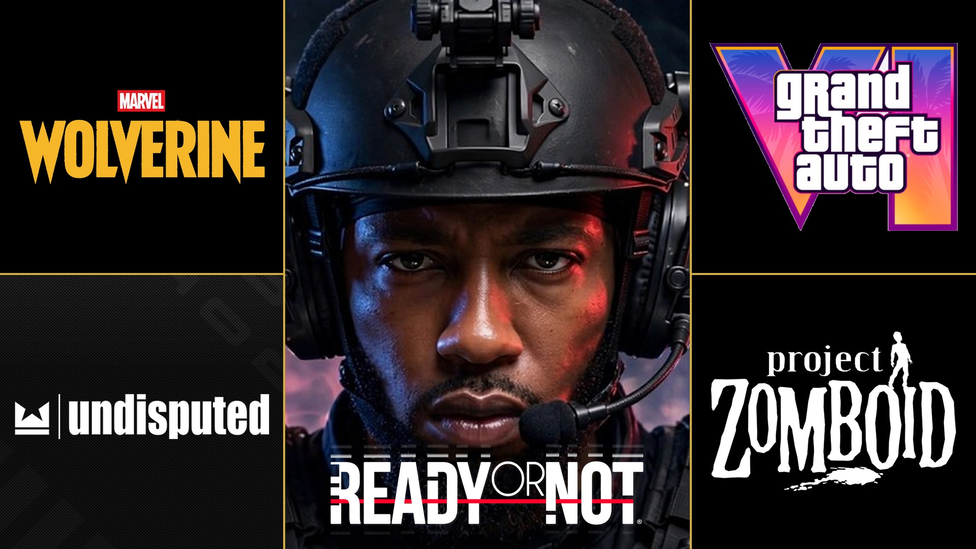 Ko$her Lee gaming — the official logos for Marvel's Wolverine, Undisputed, GTA VI, and Project Zomboid around Ko$her Lee in Ready or Not SWAT gear, with the Ready or Not logo